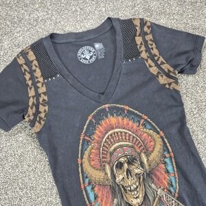 Affliction Native American Skull Tee Shirt Women's Small Black Made in USA